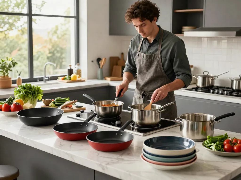 Cookware price in bangladesh displayed with a variety of materials in a modern kitchen setting.