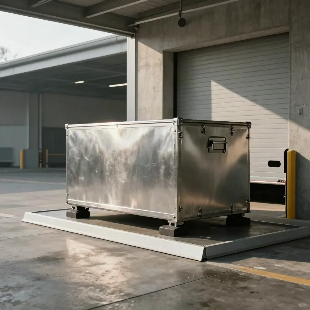 Baia di carico con cassone metallico sigillato, paracolpi e porta industriale chiusa in luce diffusa
