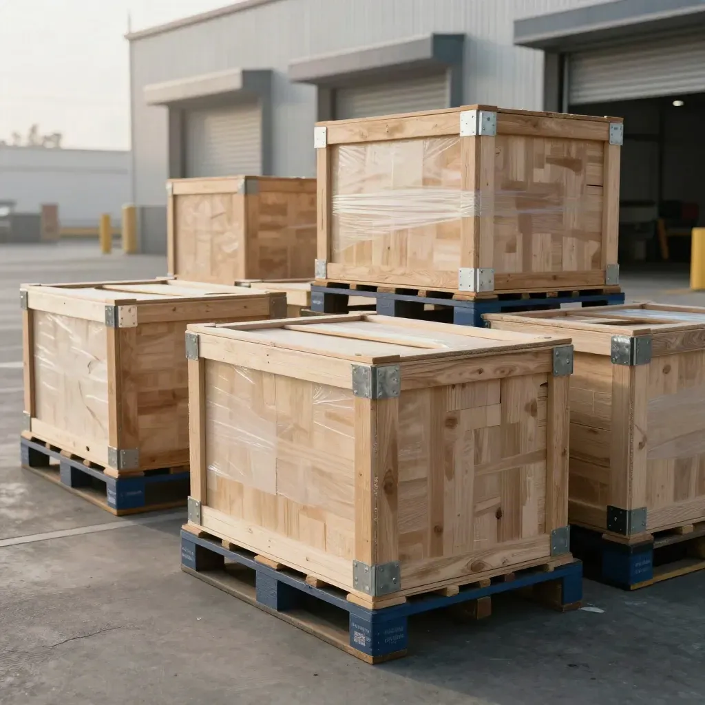 Casse in legno pronte al magazzino export, baie chiuse e luce dorata polverosa.